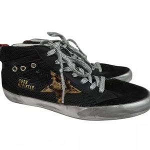Golden Goose Women's Mid Star Cheetah Mesh Suede Black Sneakers Women's Size 37